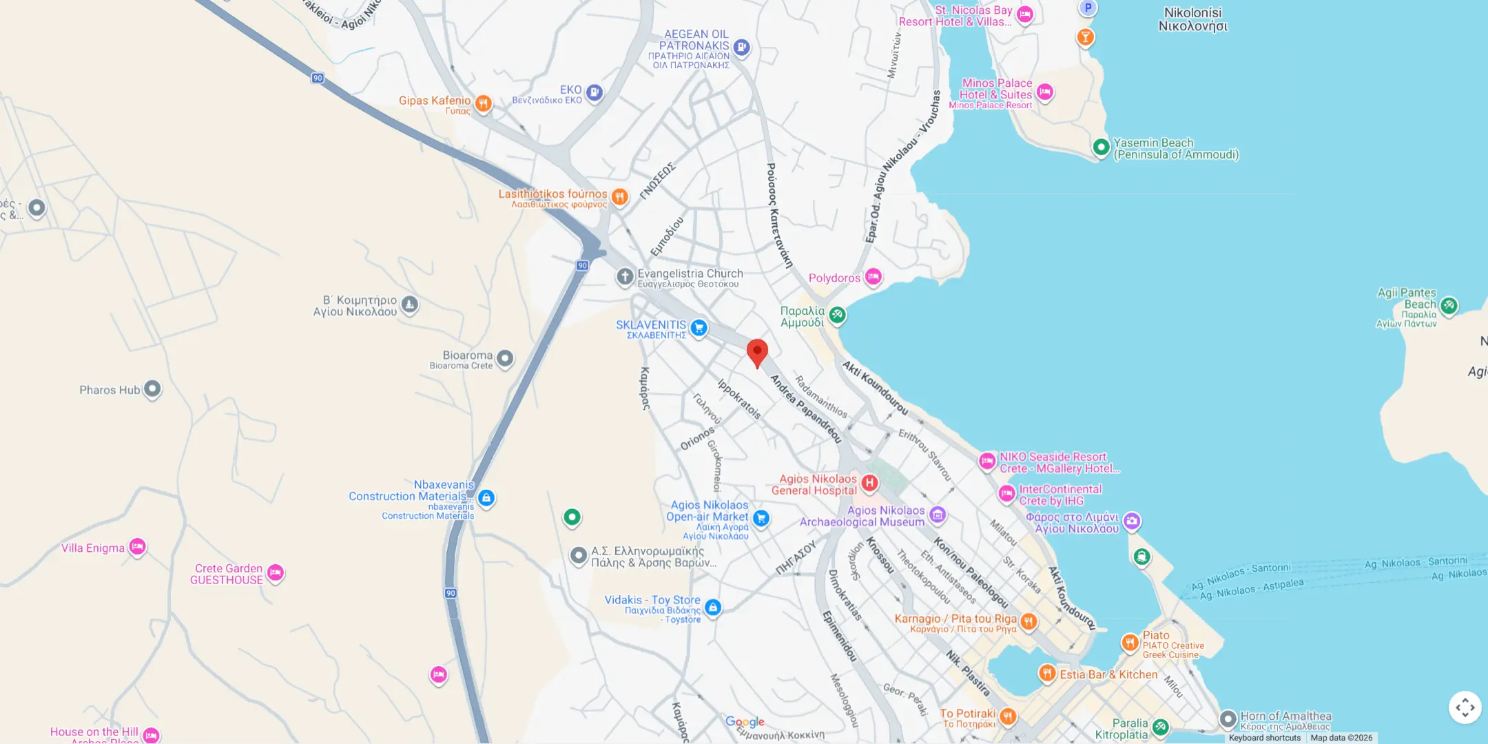 Map showing the location of Theofani's Apartment in Agios Nikolaos, Crete, click to move to google maps/